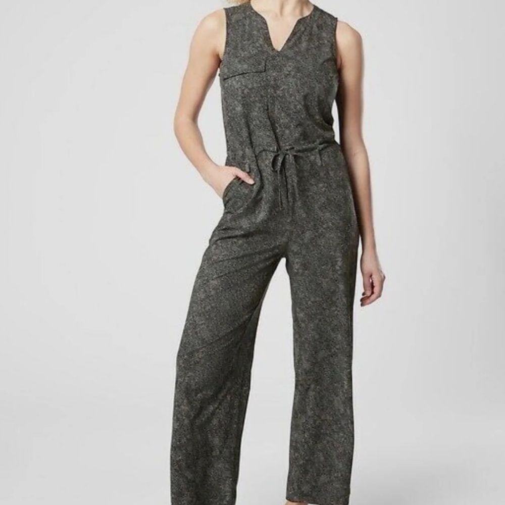 Athleta Topanga Viper Black Print Drawstring Waist Jumpsuit Sz M